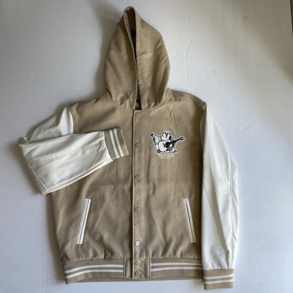True Religion Jacket Varsity Budda Men Tan White Hood Faux Leather size L NEW - Picture 1 of 7